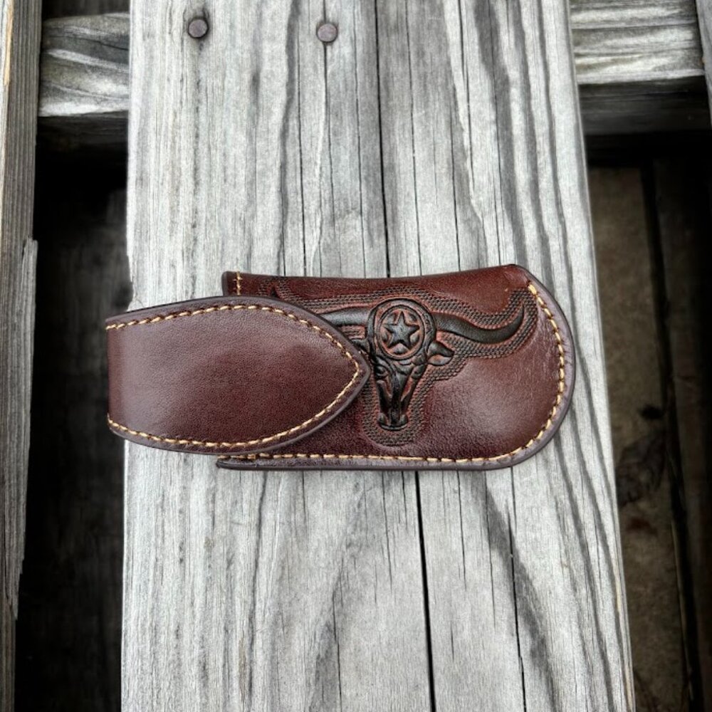 Coffee Brown Longhorn Design Large Knife Sheath with Keep